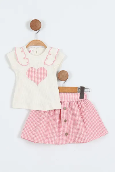 Pembe (6-18 Ay)Kalp Nakışlı Ekose Desen Kız Bebek Yazlık Takım 357471