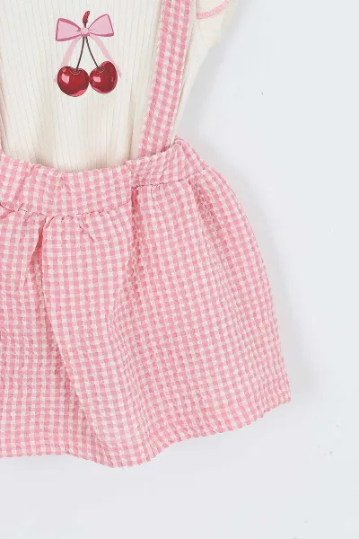 Pembe (6-18 Ay)Pötikare Desen Kiraz Baskılı Tişörtlü Kız Bebek Elbise 357464