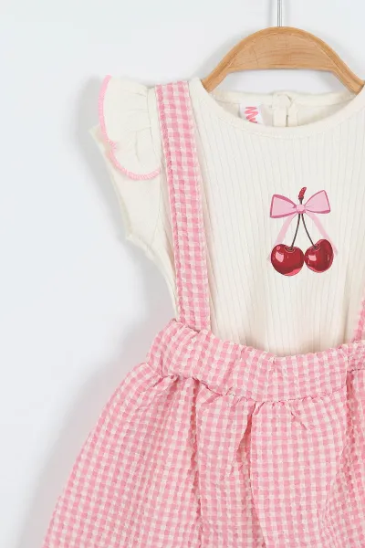 Pembe (6-18 Ay)Pötikare Desen Kiraz Baskılı Tişörtlü Kız Bebek Elbise 357464