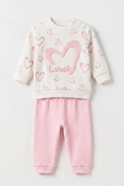 Pembe (6-18 Ay)Süzene Kalp Nakışlı Fitilli Kız Bebek Takım 479384