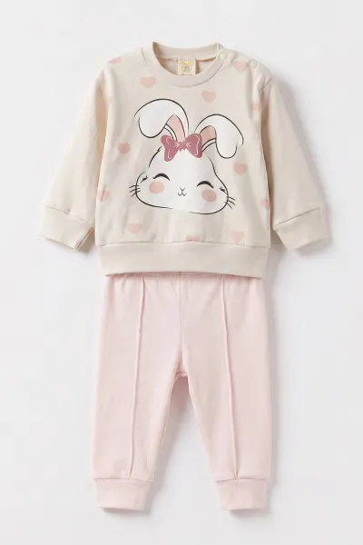 Pembe (6-18 Ay)Tavşan Baskılı Çıtçıtlı Çimalı Kız Bebek takım 477411