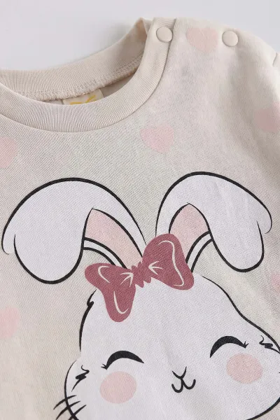 Pembe (6-18 Ay)Tavşan Baskılı Çıtçıtlı Çimalı Kız Bebek takım 477411