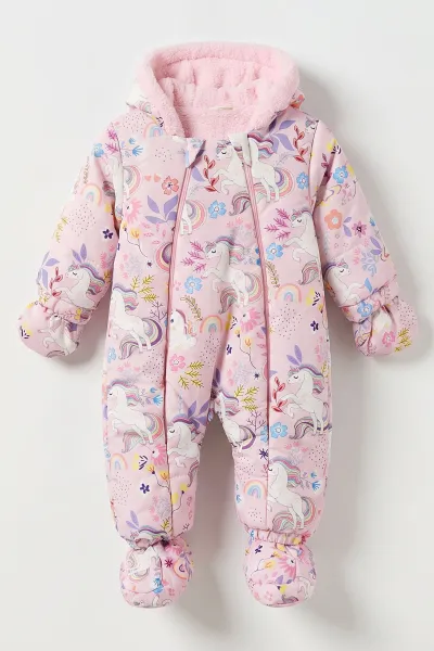 Pembe (6-18 Ay)Unicorn  İçi Kürklü Çıkarılabilir Patik ve Eldivenli Kapüşonlu Bebek Kozmonot Astronot Tulum 492361
