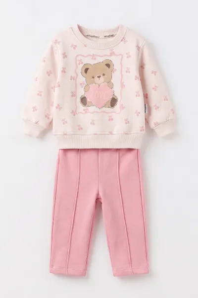 Pembe (6-24 Ay) Ayıcık Baskılı 3 İp Şardonlu Kız Bebek Kışlık Takım 497394