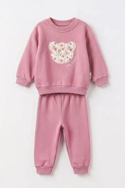 Pembe (6-24 Ay) Ayıcık Kafası Nakışlı 3 İp Şardonlu Kız Bebek Kışlık Takım 499497