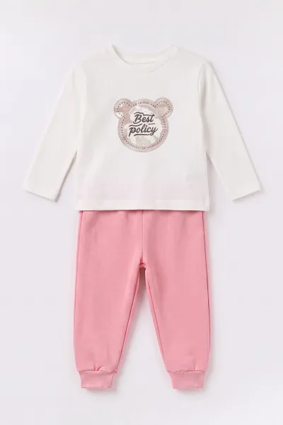 Pembe (6-24 Ay) Ayıcık Nakışlı Çizgili Hırkalı 3 İp Şardonlu Kız Bebek 3'lü Takım 497161