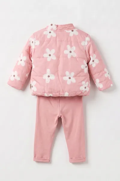 Pembe (6-24 Ay) Badili Çiçek Baskılı Kolları  Fırfırlı   Montlu Kız Bebek 3'lü Takım 471653