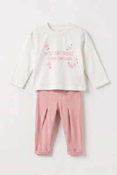 Pembe (6-24 Ay) Badili Çiçek Baskılı Kolları  Fırfırlı   Montlu Kız Bebek 3'lü Takım 471653
