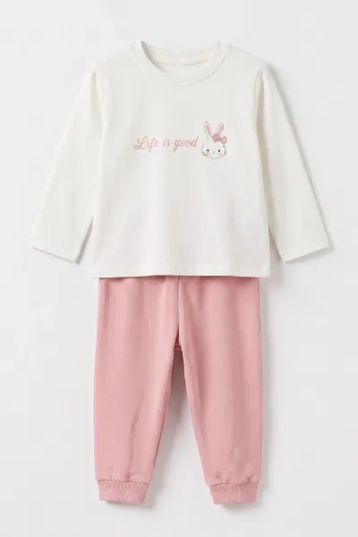 Pembe (6-24 Ay) Badili Tavşan Nakışlı Kapüşonlu  Yağmurluklu Kız Bebek 3'lü Takım 471647