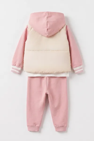 Pembe (6-24 Ay) Badili Tavşan Nakışlı Kapüşonlu  Yağmurluklu Kız Bebek 3'lü Takım 471647