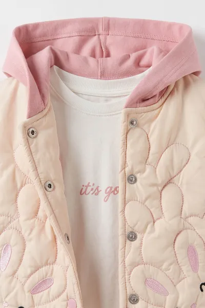 Pembe (6-24 Ay) Badili Tavşan Nakışlı Kapüşonlu  Yağmurluklu Kız Bebek 3'lü Takım 471647