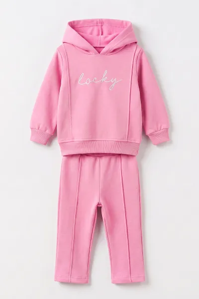 Pembe (6-24 Ay) Baskılı Kapüşonlu Alt Çimalı 3 İp Şardonlu Kız Bebek Kışlık Takım 499493