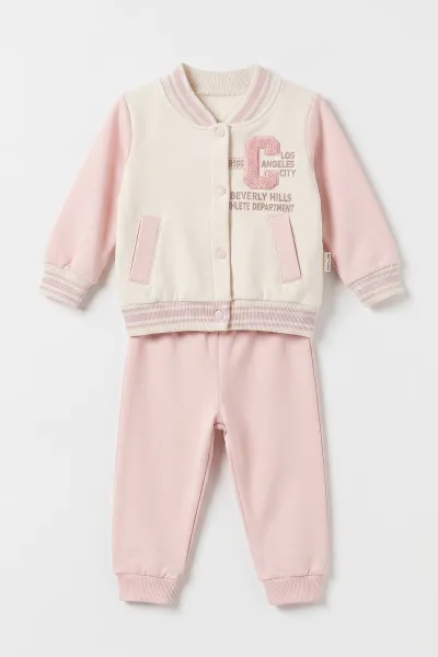 Pembe (6-24 Ay) C Nakışlı Kolej Ceketli  3 İp Şardonlu Kız Bebek Kışlık Takım 485271