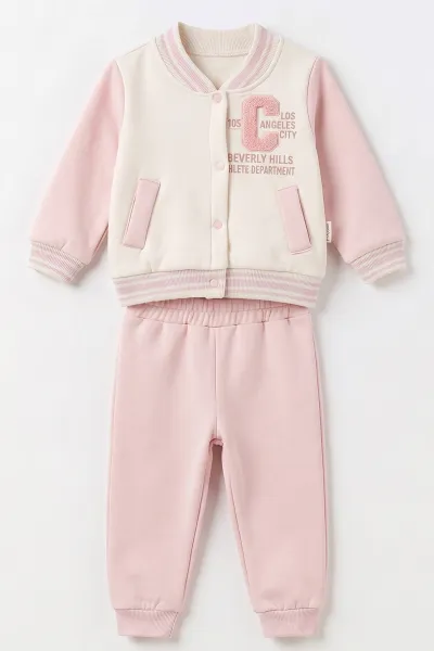 Pembe (6-24 Ay) C Nakışlı Kolej Ceketli İçi Peluş Kız Bebek Kışlık Takım 493945