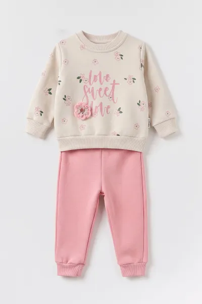 Pembe (6-24 Ay) Çiçek Aksesuarlı 3 İp Şardonlu  Kız Bebek Kışlık Takım 497082