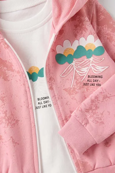Pembe (6-24 Ay) Çiçek Baskılı  Hırkalı   Kapüşonlu Kız Bebek 3'lü Mevsimlik Takım 475668