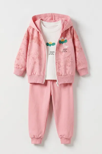 Pembe (6-24 Ay) Çiçek Baskılı  Hırkalı   Kapüşonlu Kız Bebek 3'lü Mevsimlik Takım 475668