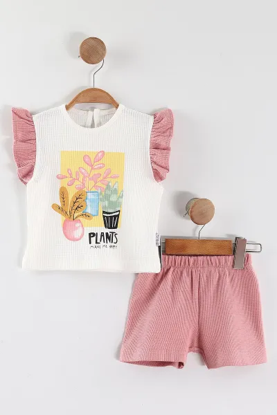 Pembe (6-24 Ay) Çiçek Baskılı Koldan Fırfırlı Waffle Kız  Bebek Yazlık Takım 440639