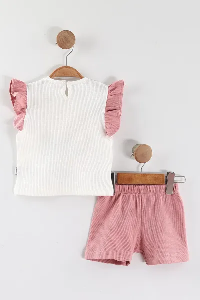 Pembe (6-24 Ay) Çiçek Baskılı Koldan Fırfırlı Waffle Kız  Bebek Yazlık Takım 440639