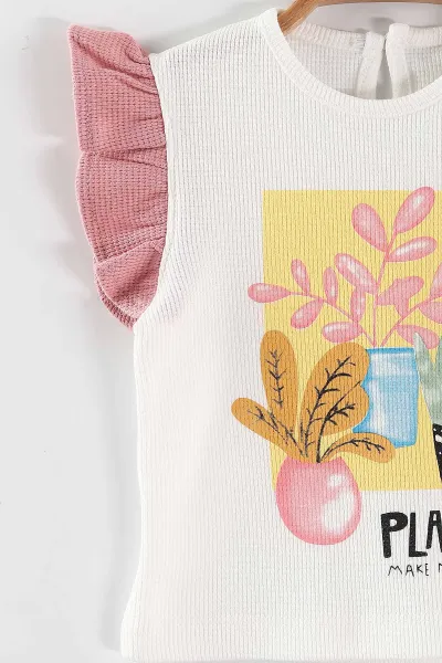 Pembe (6-24 Ay) Çiçek Baskılı Koldan Fırfırlı Waffle Kız  Bebek Yazlık Takım 440639