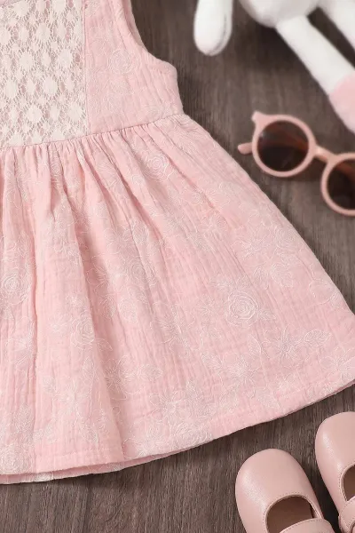 Pembe (6-24 Ay) Çiçek Baskılı Sıfır Kol Müslin Kız Bebek Elbise 461790