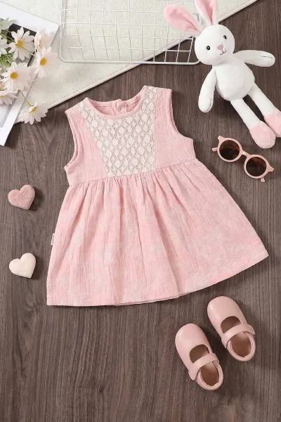 Pembe (6-24 Ay) Çiçek Baskılı Sıfır Kol Müslin Kız Bebek Elbise 461790