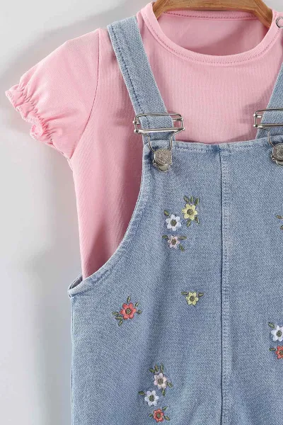 Pembe (6-24 Ay) Çiçek Nakışlı Ayarlanabilir Askılı Tişörtlü Kız Bebek Kot Tulum 453477