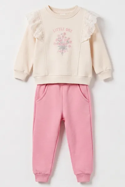 Pembe (6-24 Ay) Çiçek Nakışlı Fırfırlı Dantelli  3 İp Kız Bebek Kışlık Takım 490779