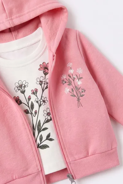 Pembe (6-24 Ay) Çiçek Nakışlı Kapüşonlu Hırkalı 3 İp Şardonlu Kız Bebek 3'lü Takım 497166