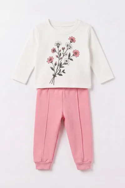 Pembe (6-24 Ay) Çiçek Nakışlı Kapüşonlu Hırkalı 3 İp Şardonlu Kız Bebek 3'lü Takım 497166