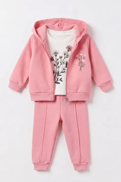 Pembe (6-24 Ay) Çiçek Nakışlı Kapüşonlu Hırkalı 3 İp Şardonlu Kız Bebek 3'lü Takım 497166