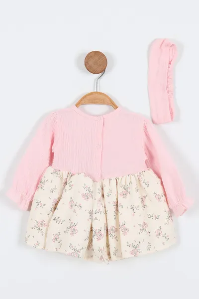 Pembe (6-24 Ay) Çiçekli Desenli Düğmeli  Bandanalı Müslin Kız Bebek Elbise 340705