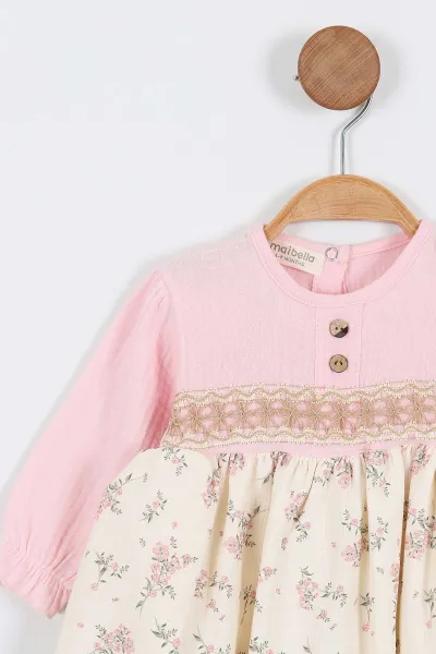 Pembe (6-24 Ay) Çiçekli Desenli Düğmeli  Bandanalı Müslin Kız Bebek Elbise 340705