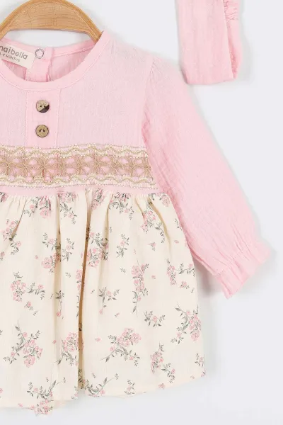 Pembe (6-24 Ay) Çiçekli Desenli Düğmeli  Bandanalı Müslin Kız Bebek Elbise 340705