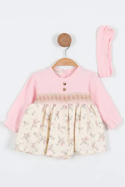 Pembe (6-24 Ay) Çiçekli Desenli Düğmeli  Bandanalı Müslin Kız Bebek Elbise 340705