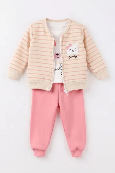 Pembe (6-24 Ay) Çizgili Ayıcık Nakışlı Hırkalı 3 İp Şardonlu Kız Bebek 3'lü Takım 497171