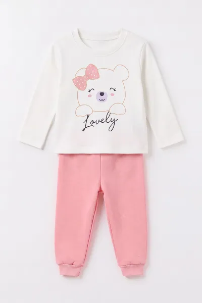 Pembe (6-24 Ay) Çizgili Ayıcık Nakışlı Hırkalı 3 İp Şardonlu Kız Bebek 3'lü Takım 497171