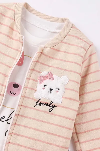 Pembe (6-24 Ay) Çizgili Ayıcık Nakışlı Hırkalı 3 İp Şardonlu Kız Bebek 3'lü Takım 497171