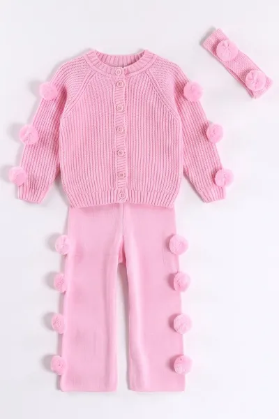 Pembe (6-24 Ay) Düğmeli Ponpon Detaylı Bandanalı Kız Bebek Takım 474151