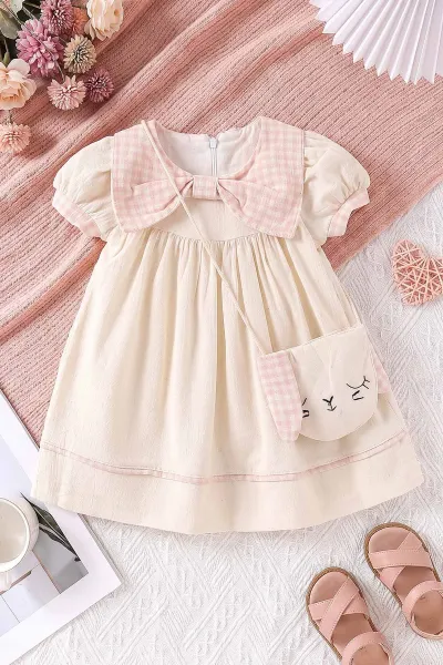 Pembe (6-24 Ay) Ekose Yakalı Çantalı Kız Bebek Elbise 470845