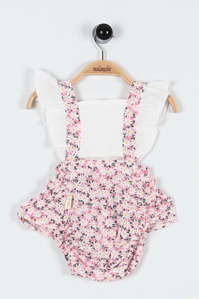 Pembe (6-24 Ay) Fırfırlı Çiçek Baskılı Askılı Şortlu Kız Bebe Romper 184461