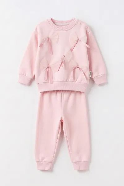 Pembe (6-24 Ay) Fiyonk Kurdela Detaylı 3 İp Şardonlu Kız Bebek Kışlık Takım 499775