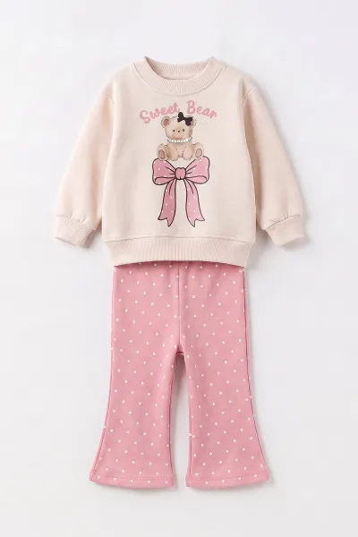 Pembe (6-24 Ay) Fiyonklu Ayıcık Baskılı  3 İp Şardonlu Kız Bebek Kışlık Takım 497583