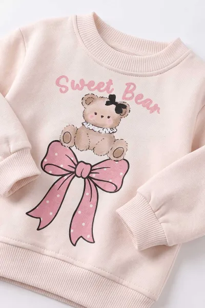 Pembe (6-24 Ay) Fiyonklu Ayıcık Baskılı  3 İp Şardonlu Kız Bebek Kışlık Takım 497583