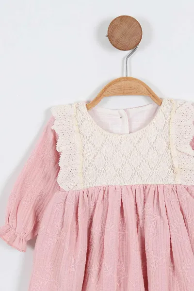 Pembe (6-24 Ay) Güpürlü Müslin Kız Bebek Elbise 339780