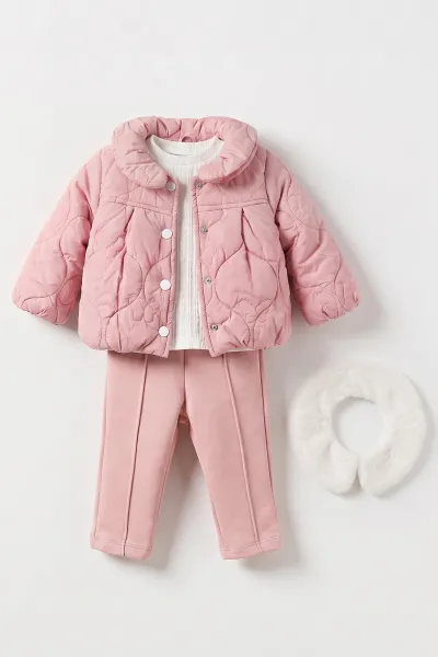 Pembe (6-24 Ay) İçi Peluş Montlu Kız Bebek 3'lü Takım 482584