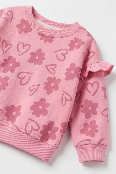 Pembe (6-24 Ay) Kalp Baskılı Fırfırlı 3 İp  Şardonlu  Kız Bebek Kışlık Takım 490773
