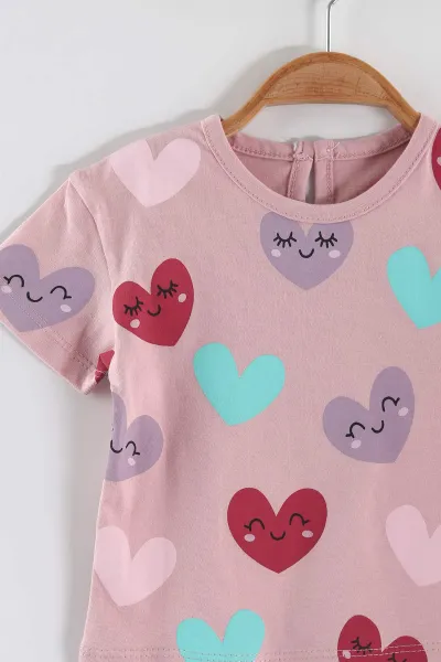 Pembe (6-24 Ay) Kalp Baskılı Tişört ve Şortlu Kız Bebek Yazlık Takım 467642
