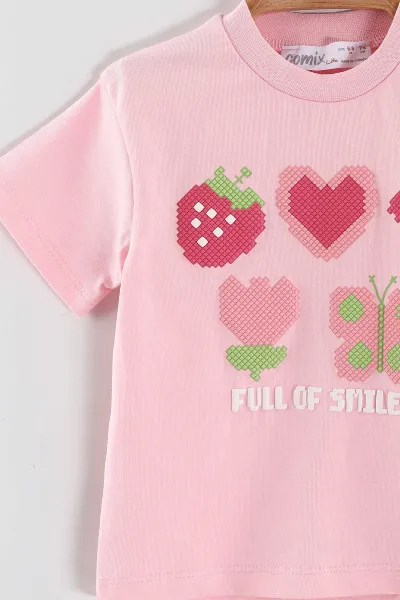 Pembe (6-24 Ay)    Kalp Kabartma Baskılı Tişörtlü  Şortlu Kız Bebek Yazlık Takım 440310