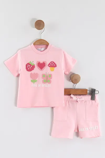 Pembe (6-24 Ay)    Kalp Kabartma Baskılı Tişörtlü  Şortlu Kız Bebek Yazlık Takım 440310